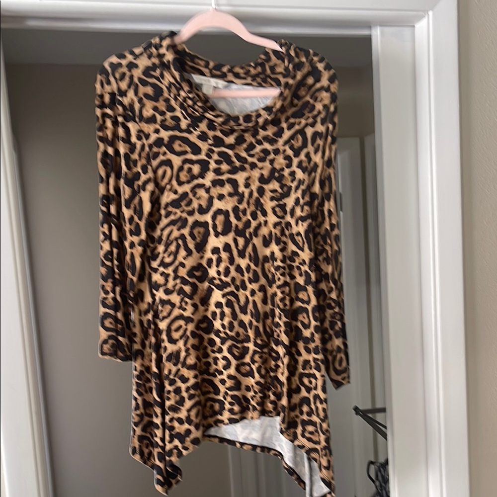 Boston Proper Tan and Brown Tunic with Asymmetrical Hem and Wide Scoop Neck